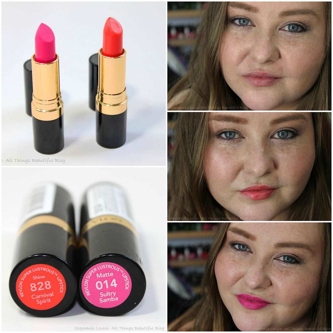 Revlon Spring 2014 Limited Edition Lipsticks in 828 Shine Carnival Spirit 014 Matte Sultry Samba Swatches Review Lip Swatches Pretty Drugstore