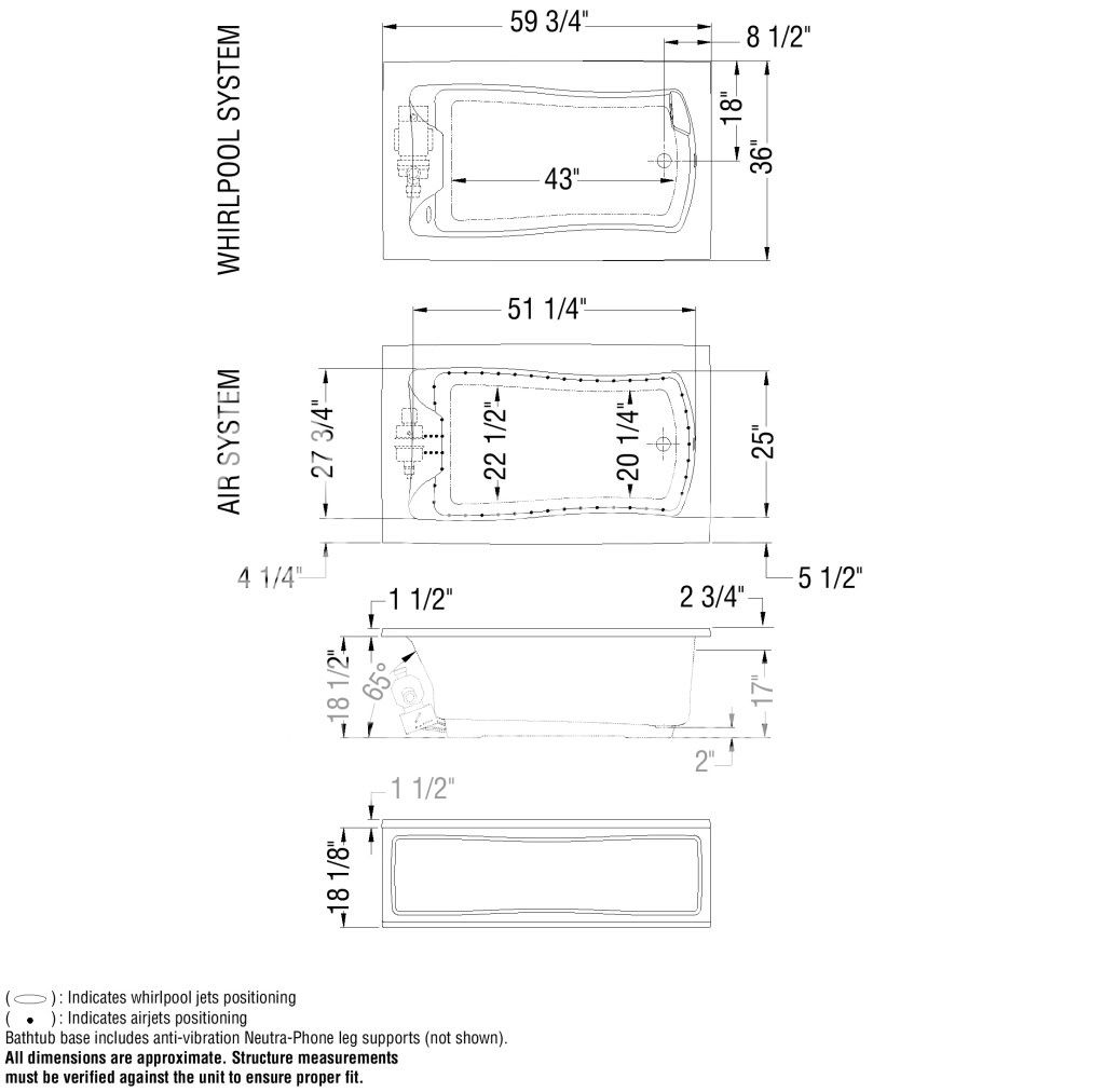 MAAX Release 60 x 36 Acrylic Drop in Alcove Undermount Bathtub Opt